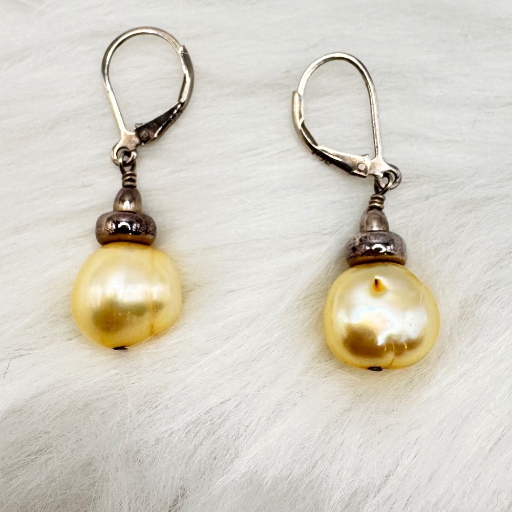 Baroque Ivory Gold Pearl and Sterling Silver Drop Earrings
